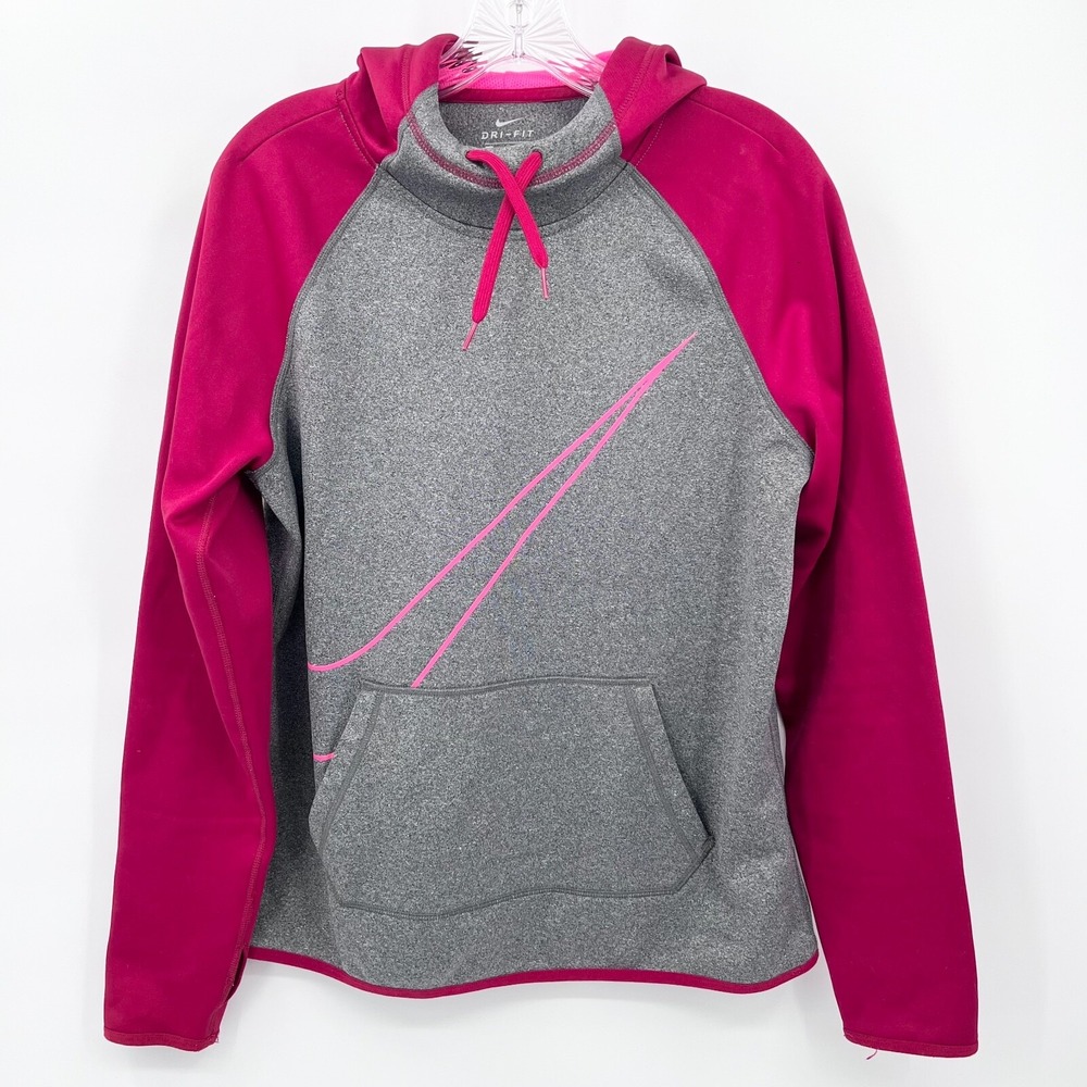 NIKE Women's Sz M Dri-Fit Maroon & Gray Swoosh Graphic Hooded Sweatshirt Hoodie